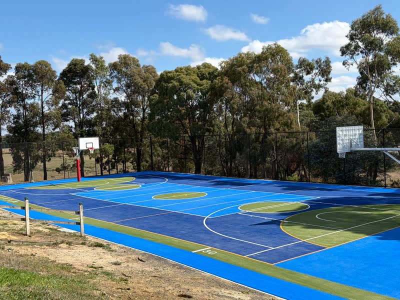 Multisport court with blue and green surface zones