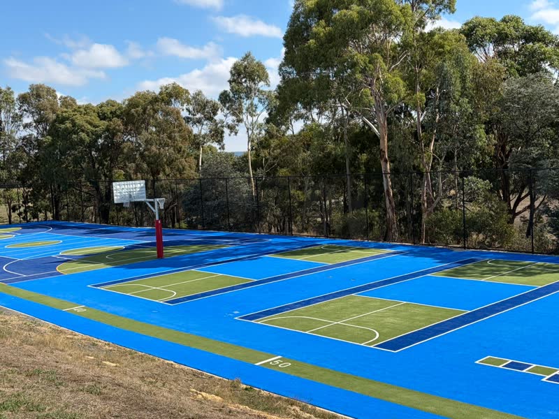 Multisport court with turf playing zones and court markings